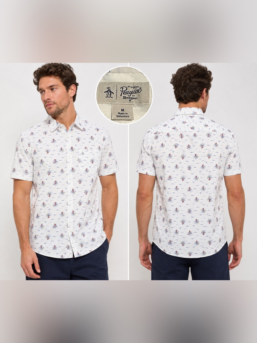 Original Penguin White Short-Sleeve Button-Up with Navy & Red Print